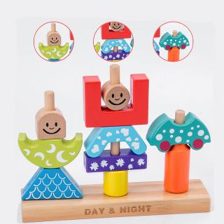 Educational Wooden Toy Sun & Moon Day & Night Pillar Blocks Early Lear_1